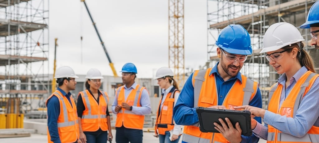 Construction workers reviewing safety plans on a jobsite